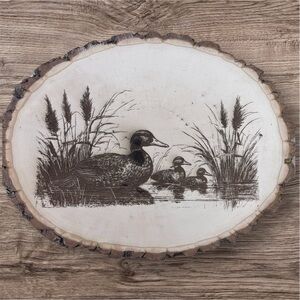Wood-Burned Duck Family Scene on Natural Bark Slab – Rustic Cabin Wall Art